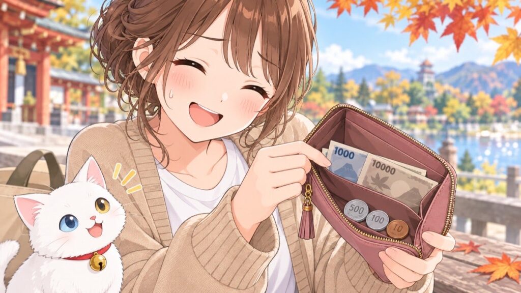 A Japanese mom's wallet open, showing one or two banknotes and a few coins