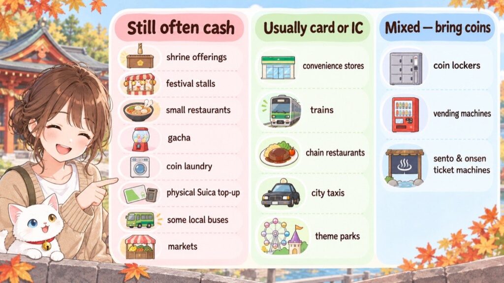 Chart showing where cash is still common in Japan, where card or IC is usually fine, and where it is mixed