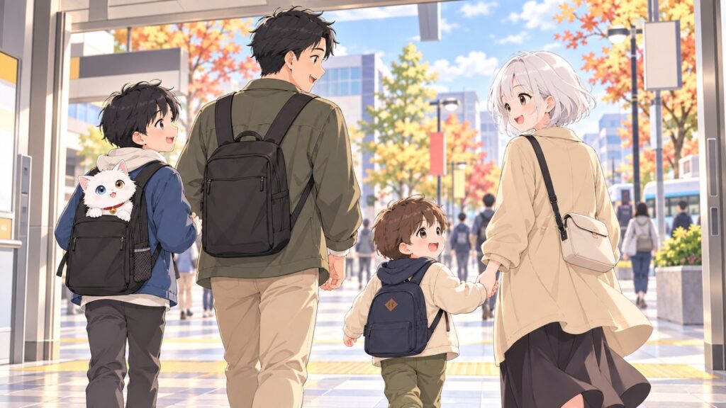 Family walking out of a Japanese station into an autumn street with only backpacks after storing their luggage
