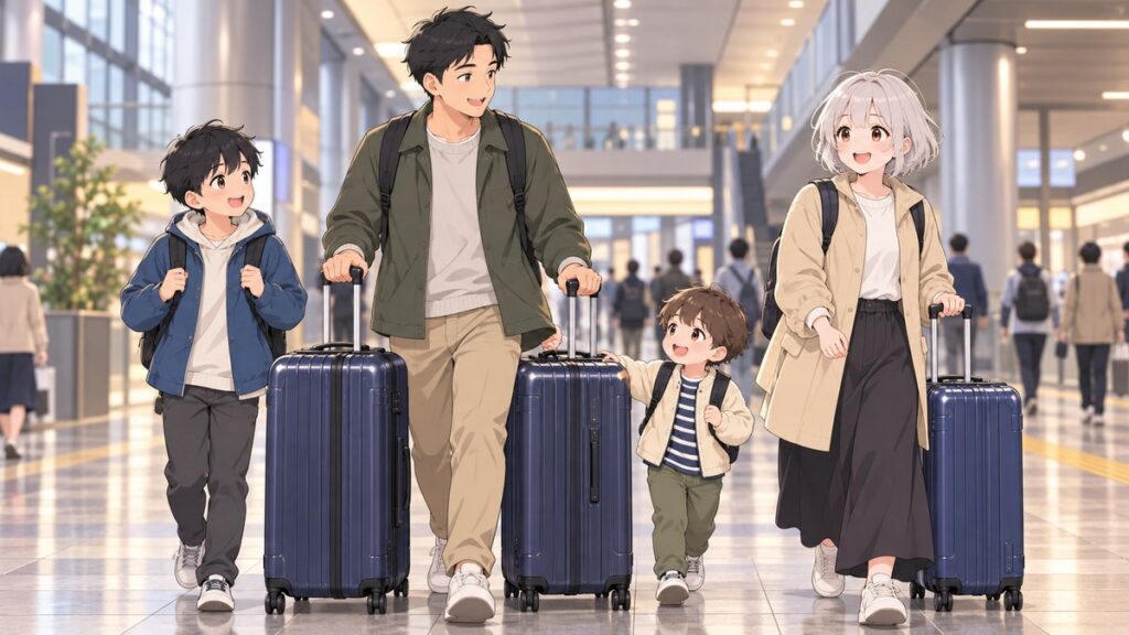 Family of four walking through a Japanese station with three large suitcases