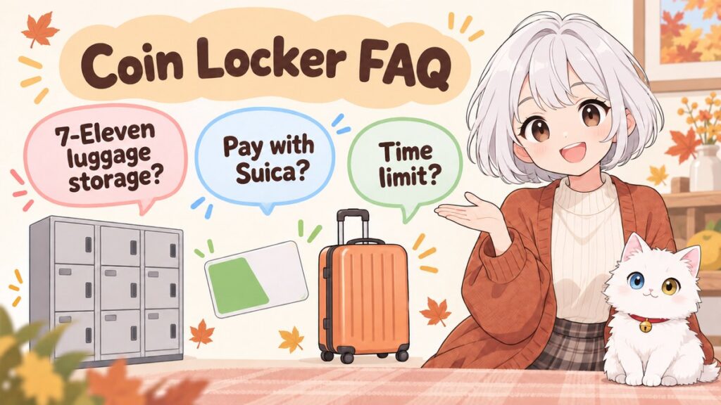 Coin locker FAQ card about 7-Eleven luggage storage, paying with Suica, and time limits