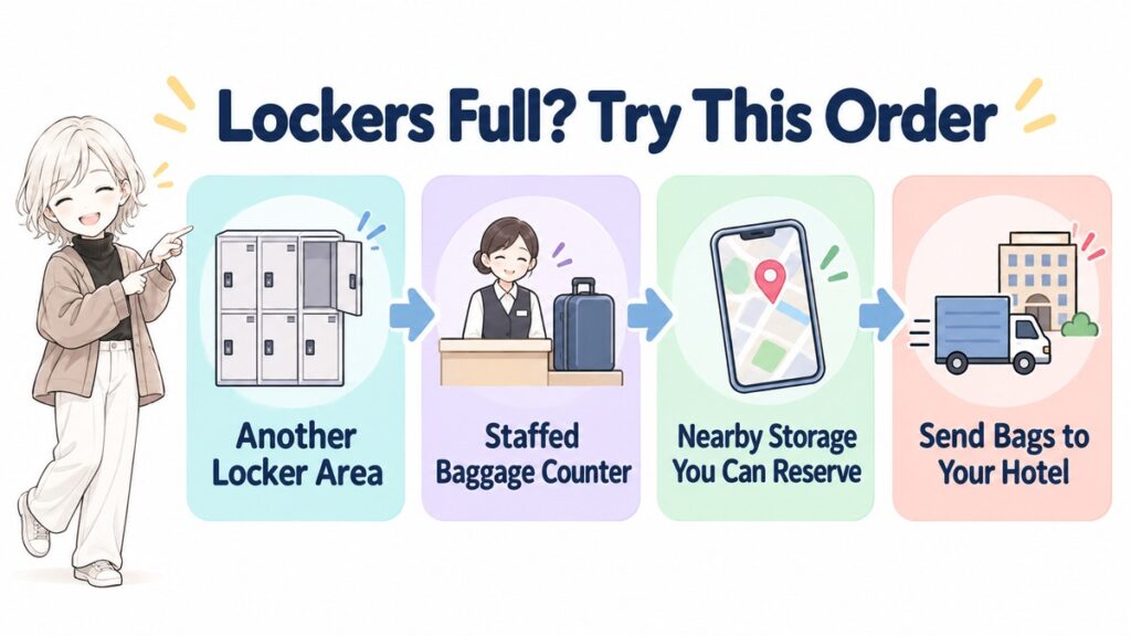 Flow chart of what to try when coin lockers are full in Japan: another locker area, a staffed baggage counter, nearby storage you can reserve, then sending bags to your hotel