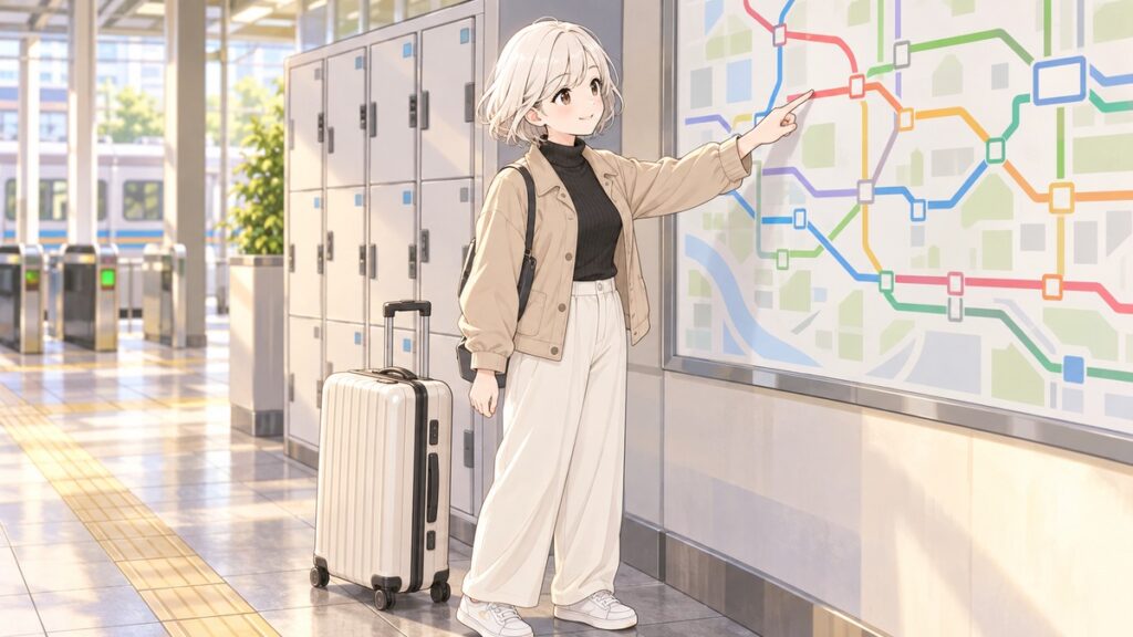 Traveler with a suitcase checking a station map beside full coin lockers in Japan