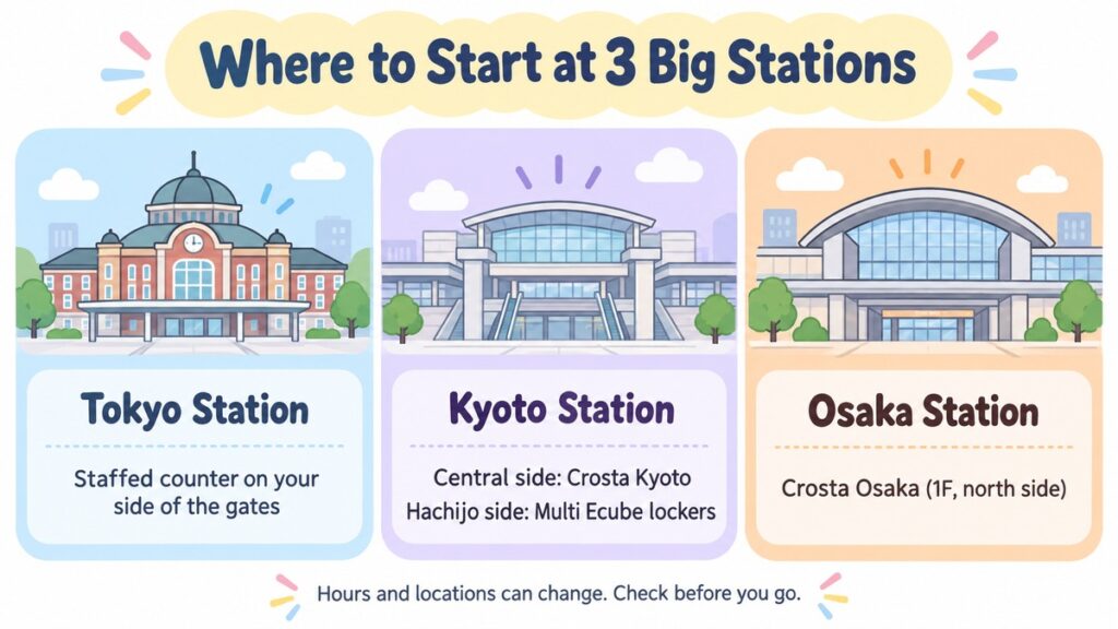 Quick reference cards for where to start storing luggage at Tokyo Station, Kyoto Station, and Osaka Station