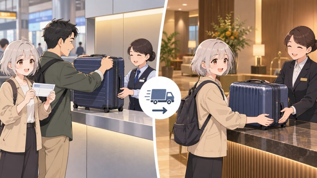 Sending a suitcase from a station counter and picking it up later at the hotel front desk in Japan