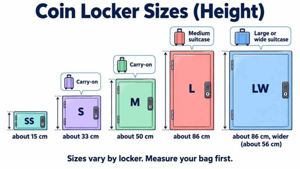 Chart of Japanese coin locker sizes by height: SS about 15 cm, S about 33 cm, M about 50 cm, L about 86 cm, LW about 86 cm and wider