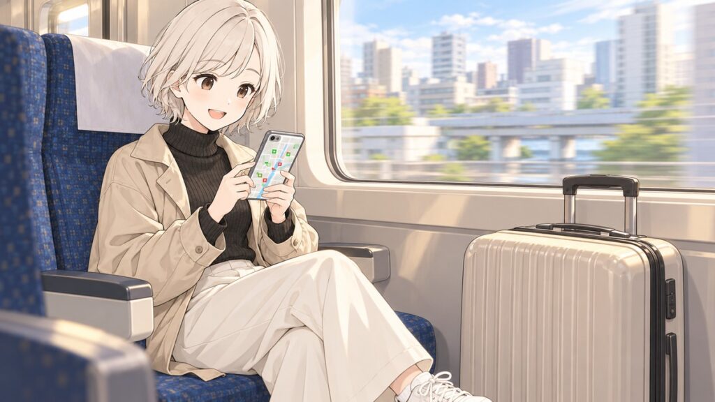 Traveler on a train checking coin locker availability on her phone before arriving at the station