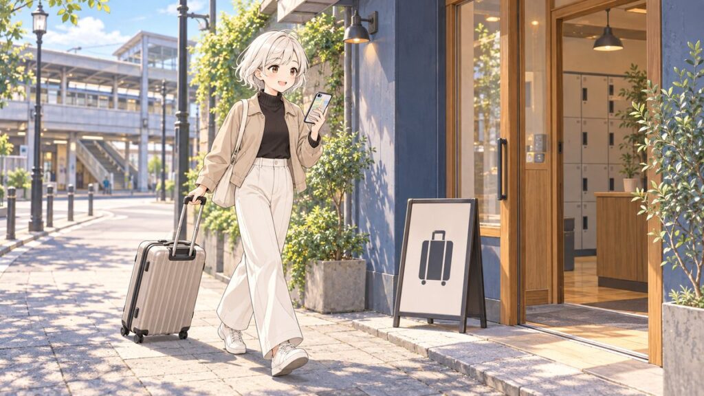 Traveler pulling a suitcase toward a small luggage storage shop near a station in Japan