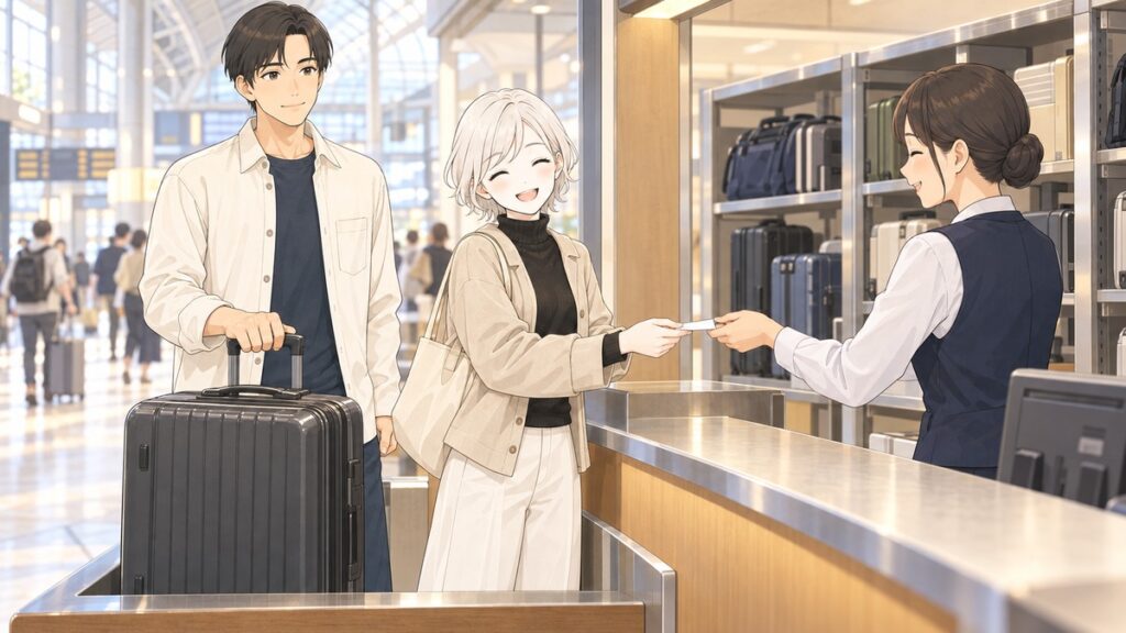 Couple leaving a suitcase at a staffed baggage storage counter inside a Japanese train station