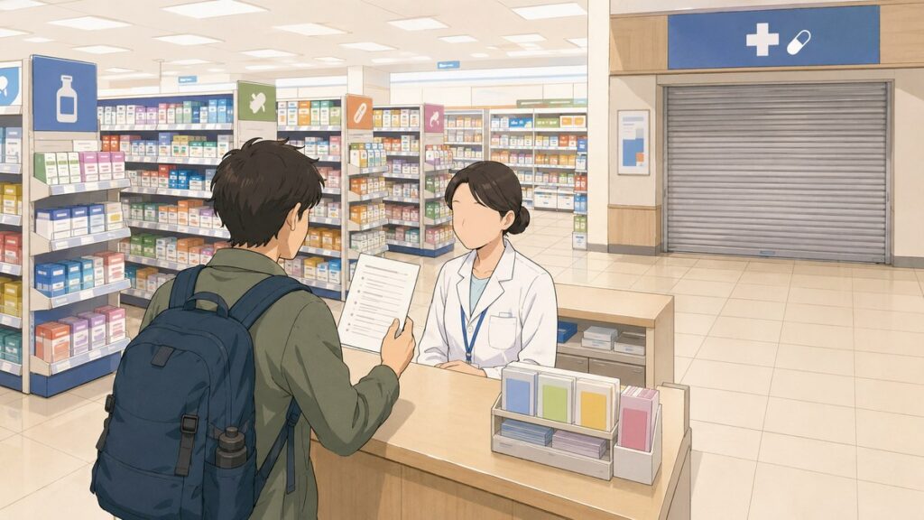 A traveler showing an ingredient list to a pharmacist in a Japanese drugstore, with the medicine counter shutter closed nearby