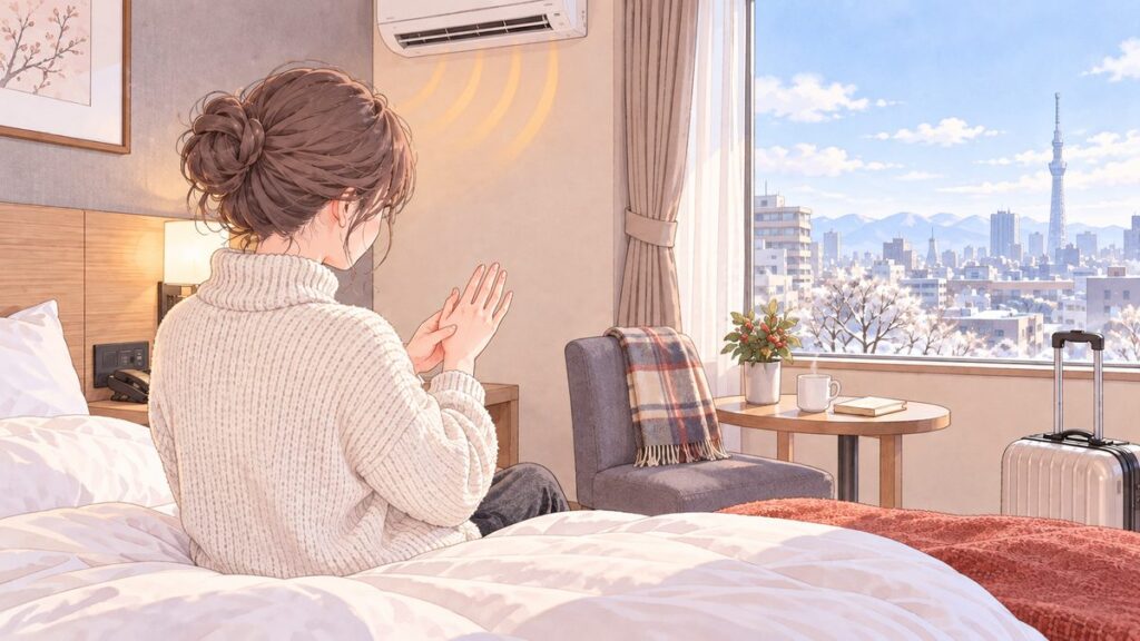 A traveler in a heated Japanese hotel room noticing dry hands on a sunny winter day