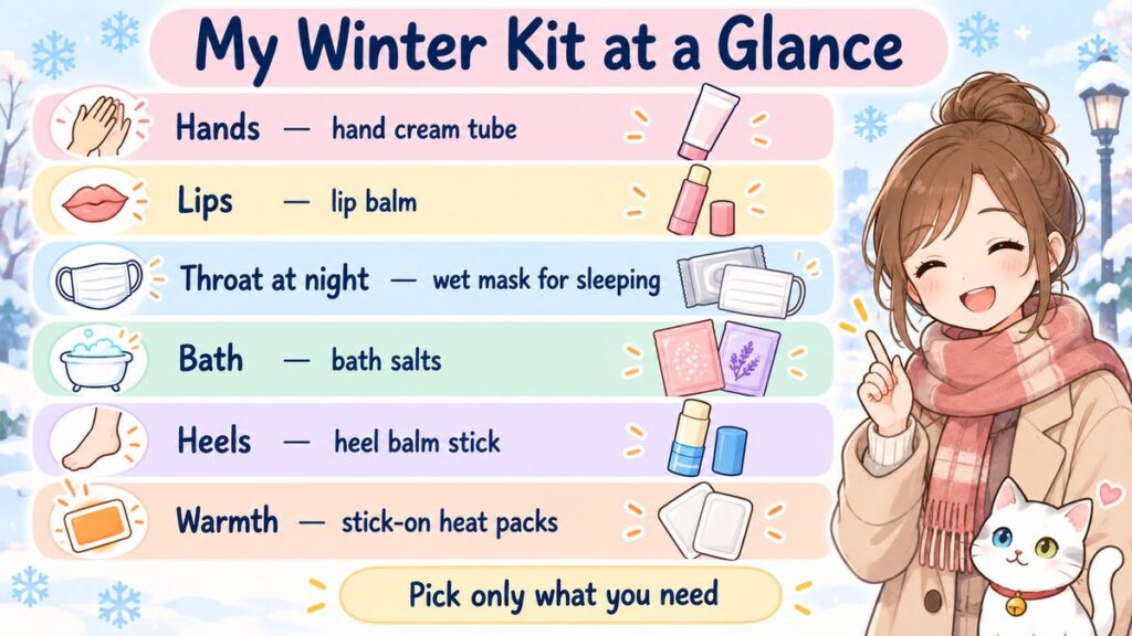 My winter kit at a glance: hand cream for hands, lip balm for lips, a wet mask for your throat at night, bath salts, a heel balm stick, and stick-on heat packs