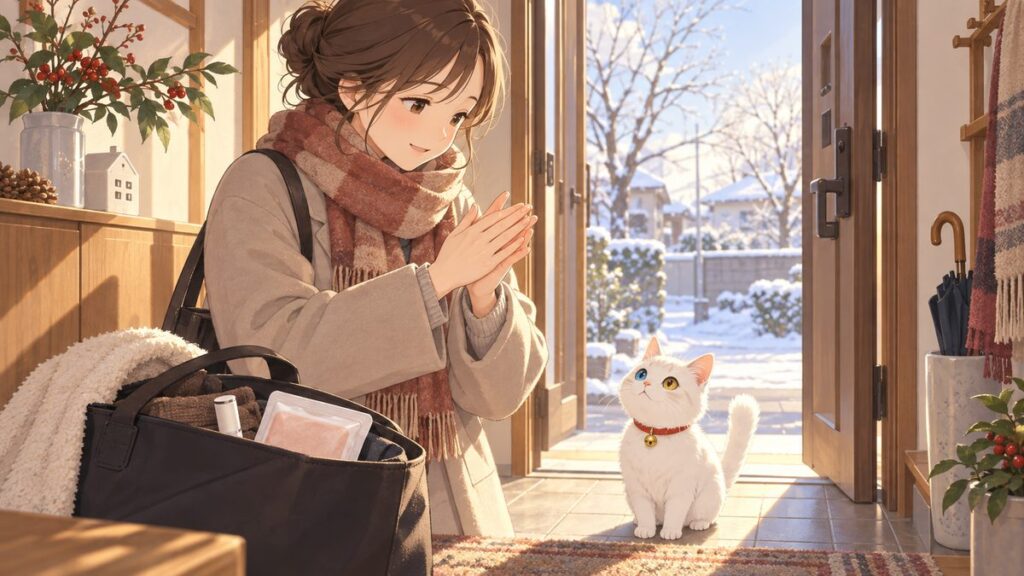 A Japanese mom rubbing hand cream into her hands at the front door before heading out on a winter morning
