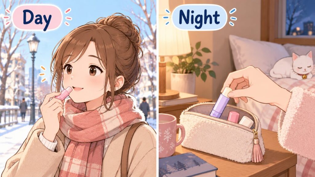 Lip balm for day and night — applying lip balm on a winter walk, and a lip balm kept in a pouch by the bed