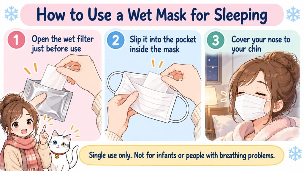 How to use a wet mask for sleeping: open the wet filter just before use, slip it into the pocket inside the mask, and cover your nose to your chin