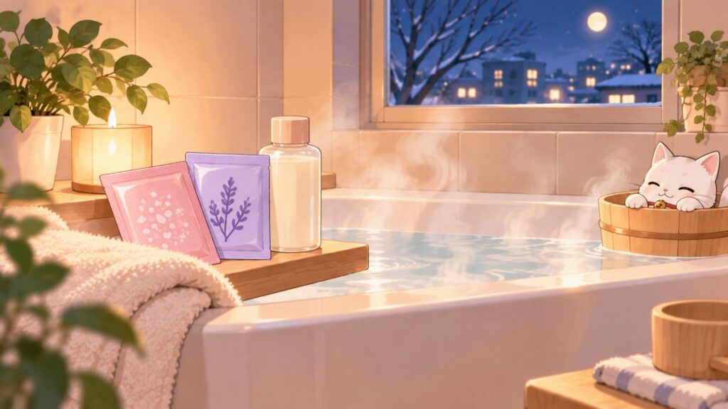 A steaming Japanese home bath on a winter night with bath salt packets on the edge of the tub