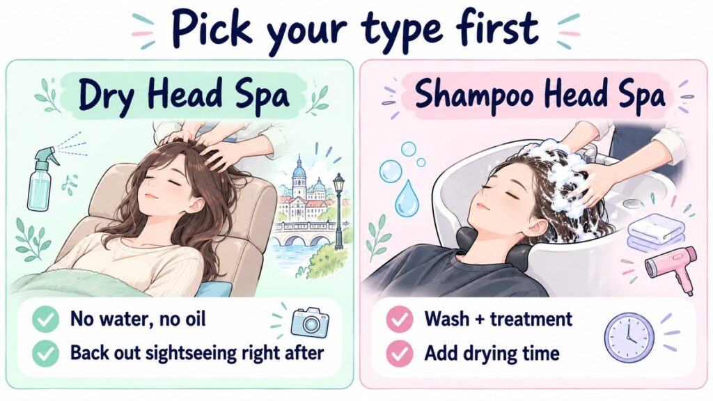 Dry head spa versus shampoo head spa: hands-on massage with no water on the left, wash and treatment with drying time on the right