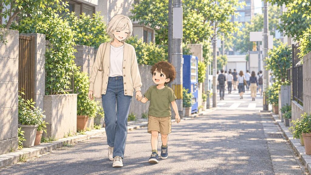 A mother and her young son walk hand in hand down a quiet side street while the main road behind them is busy
