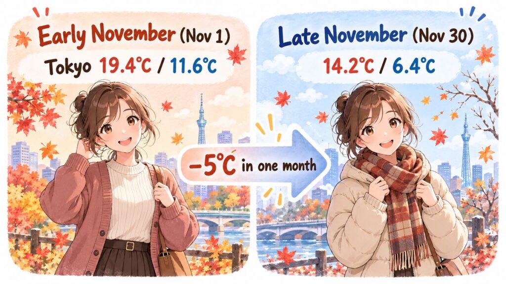 Early November versus late November in Tokyo: 19.4/11.6°C on November 1 with a cardigan, 14.2/6.4°C on November 30 with a packable down jacket and scarf, a 5°C drop in one month