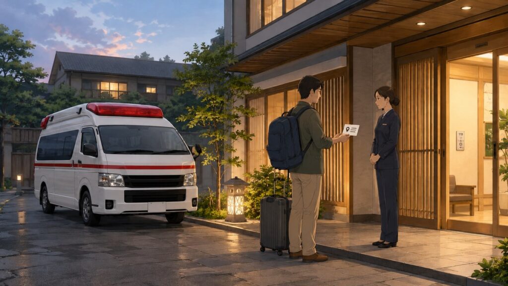An ambulance arriving outside a Japanese hotel as a traveler shows the address