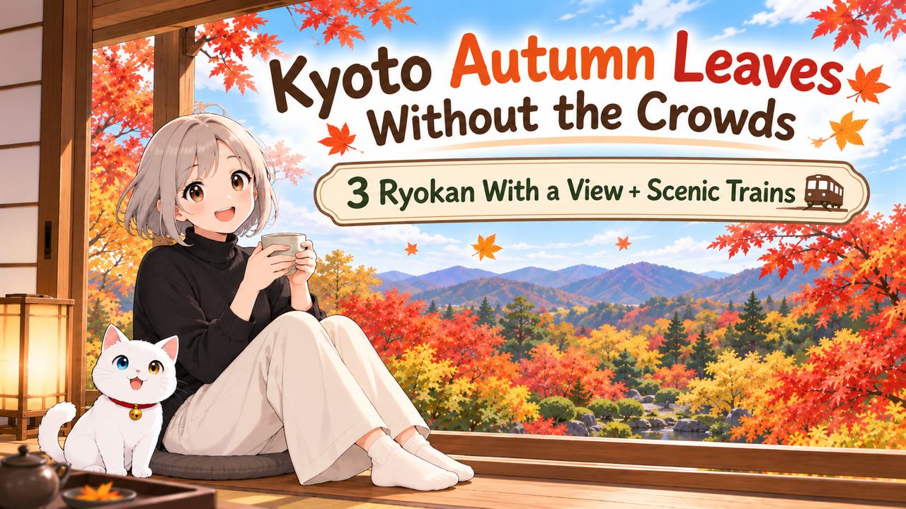 Kyoto autumn leaves seen from a ryokan room, with YUU and Mochi-chan looking at the garden
