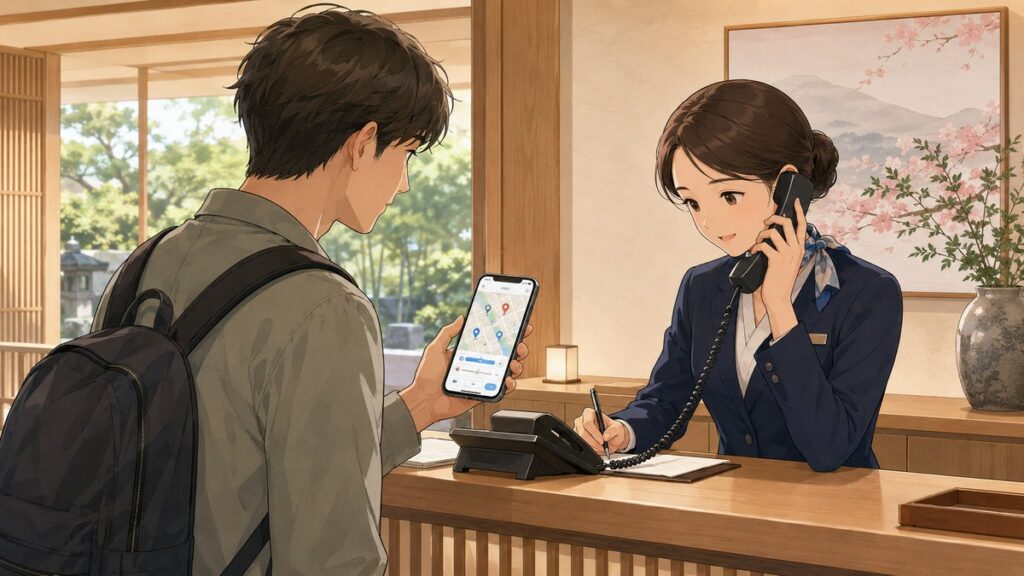 A hotel receptionist calling a clinic while a traveler looks up medical institutions on a phone