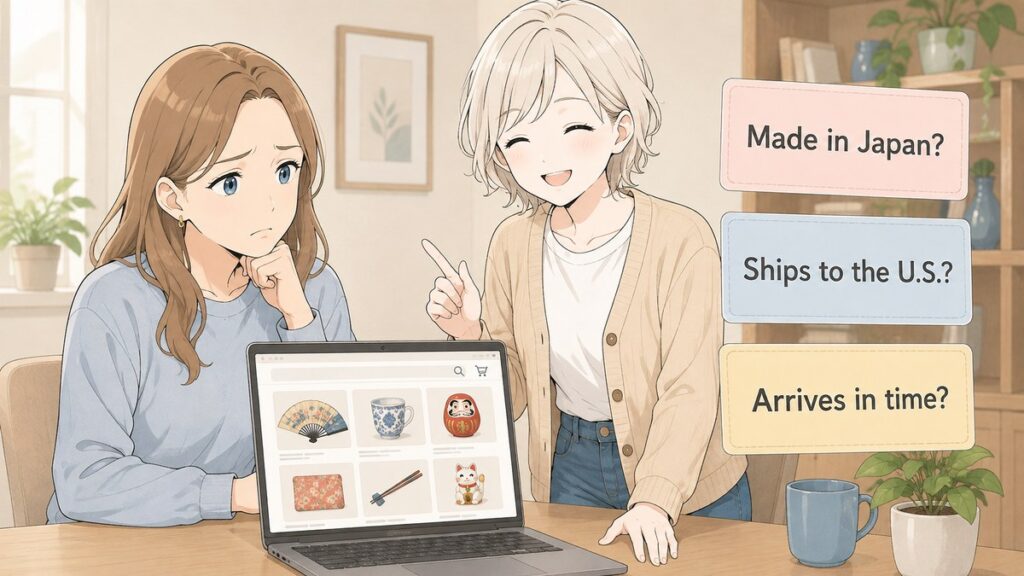 A shopper comparing Japanese products on a laptop while a guide points out three questions to ask