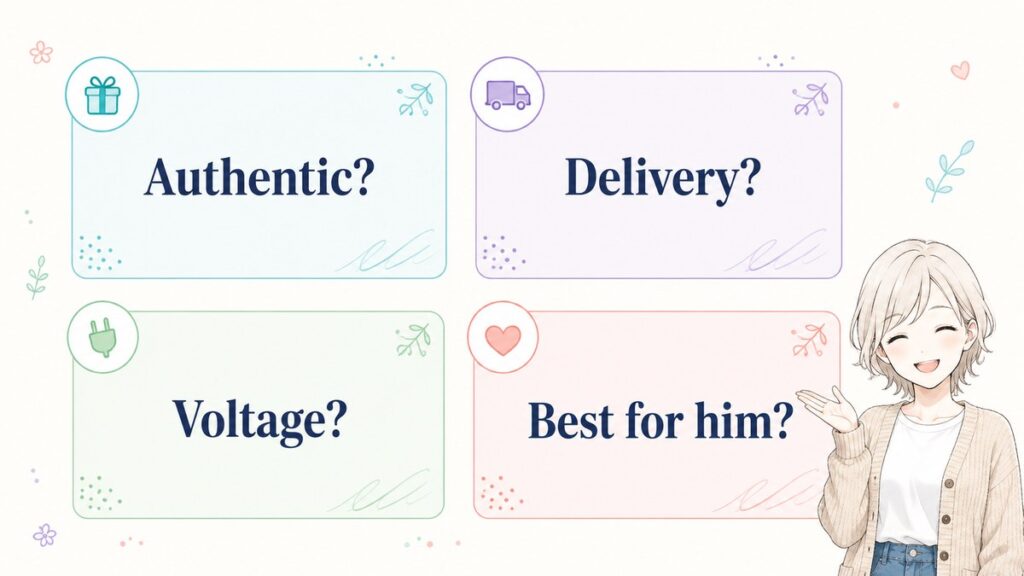Four question cards about authenticity, delivery, voltage and choosing a gift for him