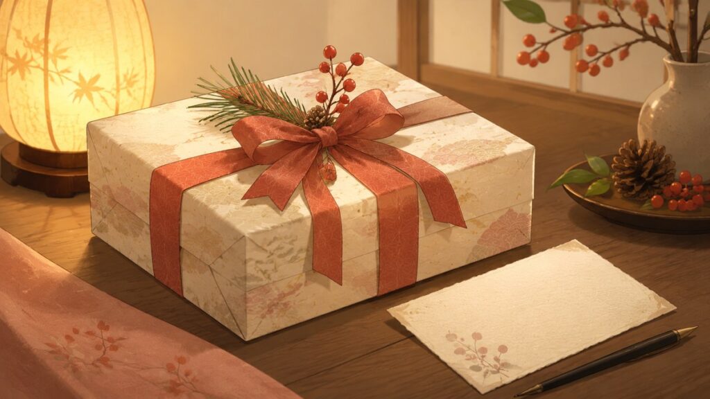 A wrapped Christmas gift with a handwritten card on a table