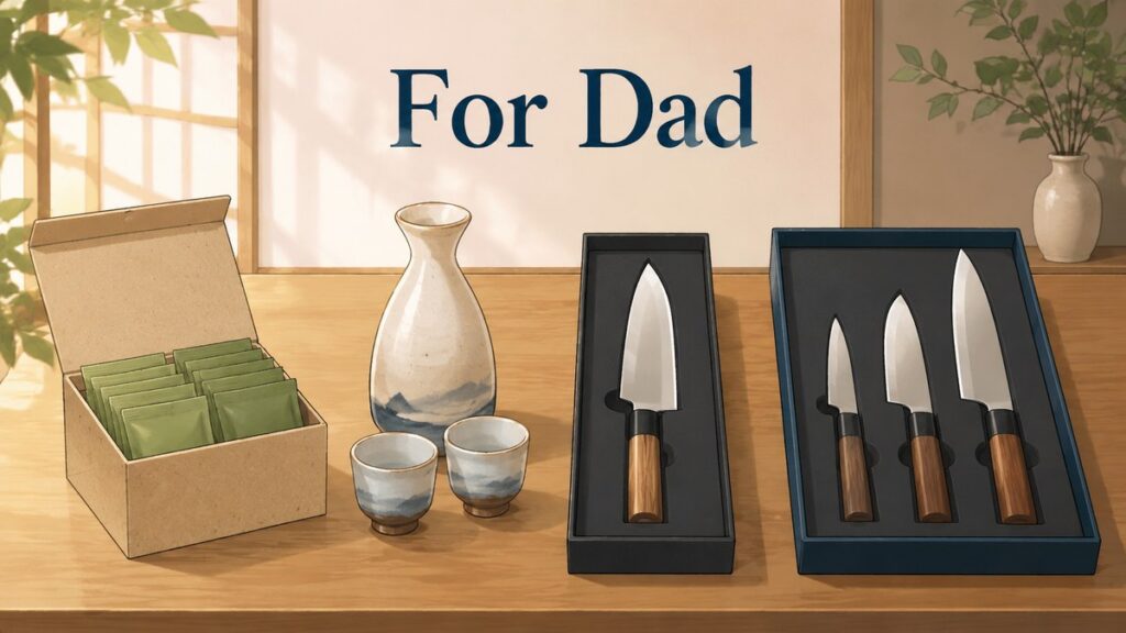 Japanese gifts for a father: green tea bags, a sake flask with two cups, a chef's knife and a three-knife set