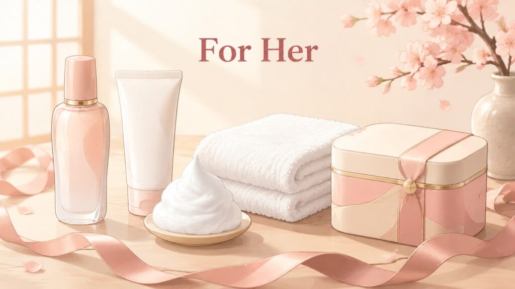 Japanese gifts for women: skincare bottles, foaming cleanser, a folded white towel and a gift box
