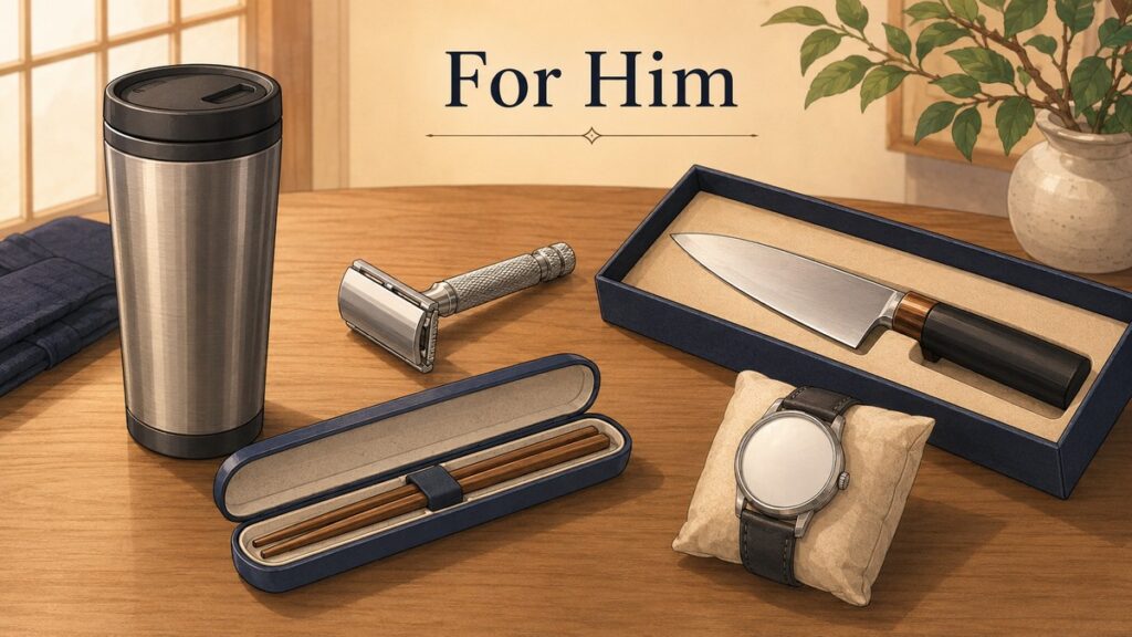 Japanese gifts for men on a table: stainless mug, safety razor, travel chopsticks, chef's knife and a watch