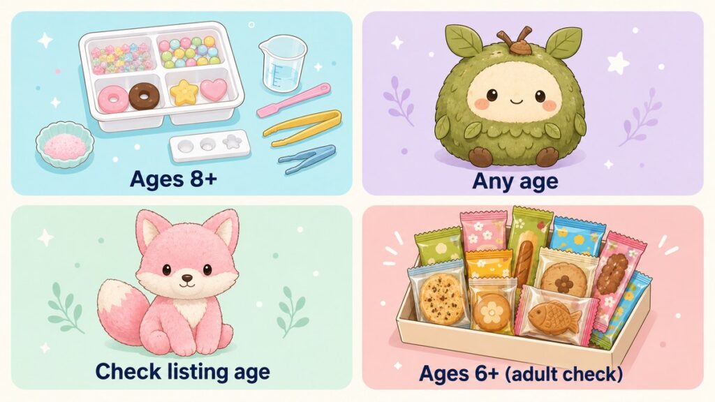 Four Japanese gift ideas for children shown on pastel cards with age guides