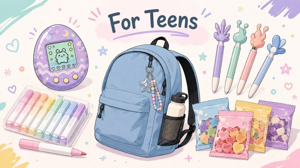 Japanese gift ideas for teenagers: a virtual pet toy, highlighter pens, character pens and chewy candy