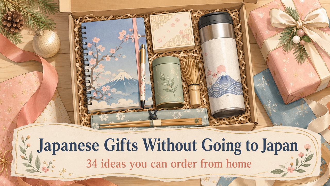 Japanese gifts arranged in an open Christmas gift box, including a notebook, pen, stainless mug and tea