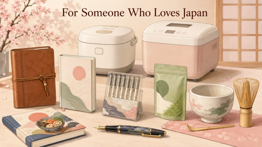Nine Japanese gifts for someone who loves Japan, including a notebook, planner, matcha set, rice cooker and bread maker