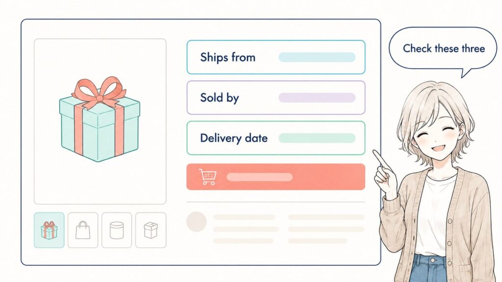 Product page illustration highlighting Ships from, Sold by and the estimated delivery date