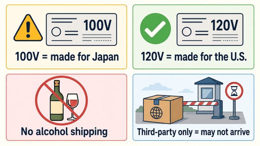 Comparison graphic showing 100V Japanese appliances, 120V U.S. models, no alcohol shipping and third-party delivery risk
