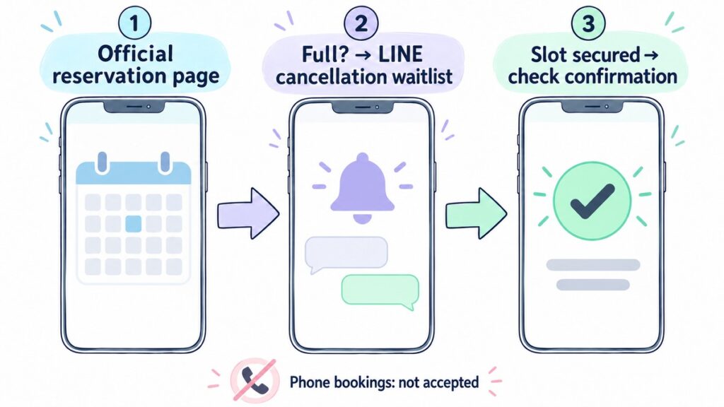 How to try booking Goku no Kimochi: official reservation page, LINE cancellation waitlist if full, then check your confirmation