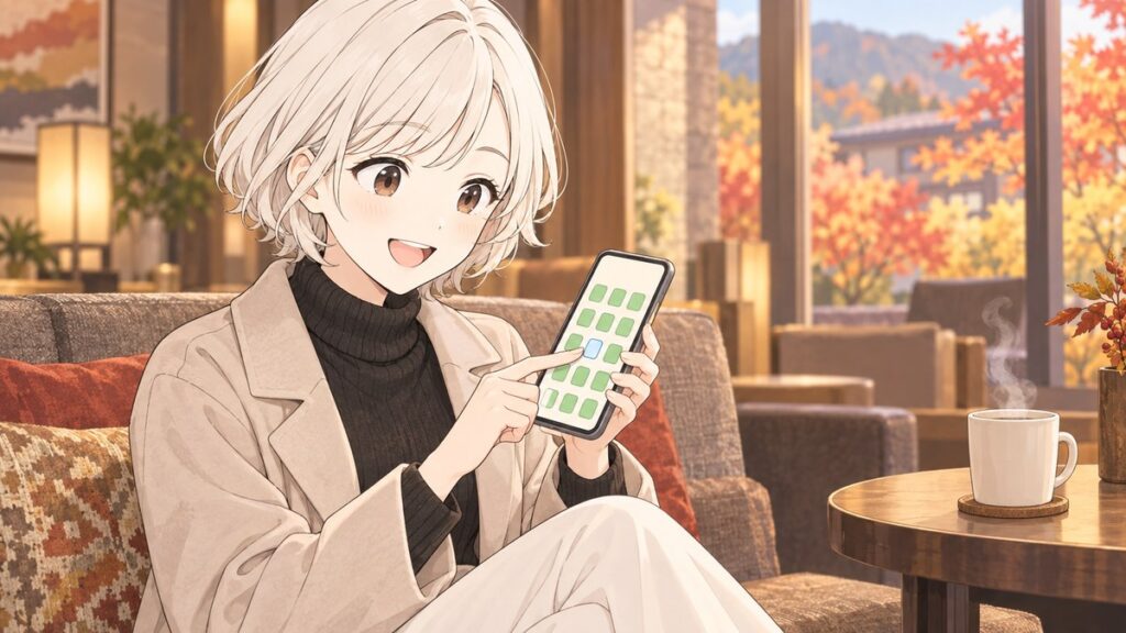 Illustration of a woman choosing a GRAN Tenku car, date, and seat on her smartphone