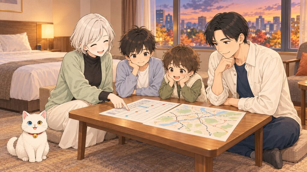 Illustration of a family in an Osaka hotel room planning a GRAN Tenku train trip to Koyasan with a route map