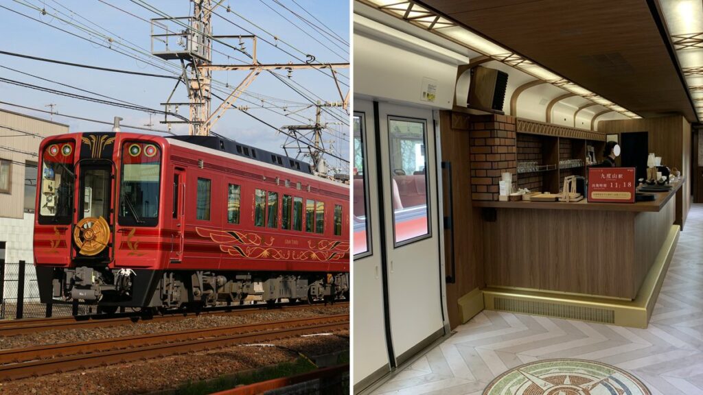 Red GRAN Tenku sightseeing train on the Nankai line, next to its wood-paneled Lobby Lounge car with a shop counter
