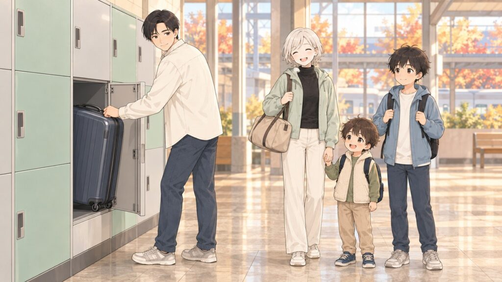 Illustration of a family leaving a large suitcase in a station coin locker and traveling to Koyasan with small bags