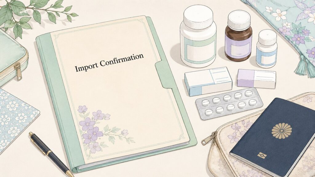 A travel document folder labeled Import Confirmation next to prescription medicine bottles