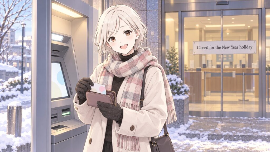 A traveller holding a card and a small amount of Japanese cash at an ATM, beside a bank counter closed for the New Year holiday
