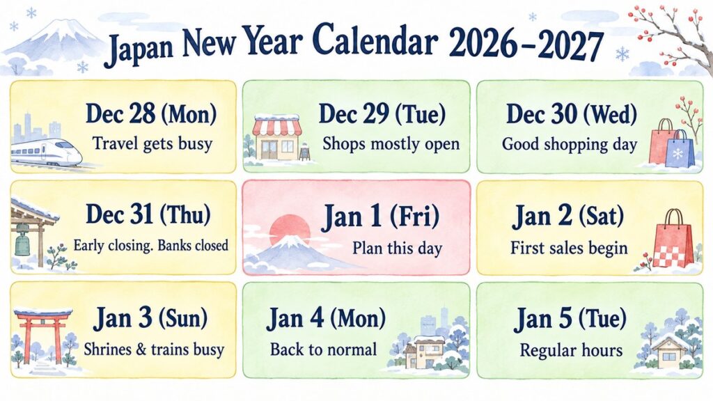 Day-by-day calendar of the Japanese New Year holiday from December 28, 2026 to January 5, 2027, showing the busy travel days, the days shops are open, and January 1 as the day to plan around