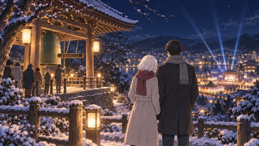 A temple bell rung on New Year's Eve in Japan, with the lights of a countdown event in the distance