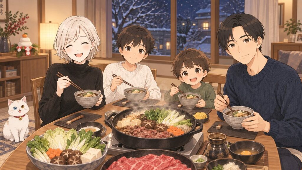 A Japanese family dinner table on New Year's Eve with a sukiyaki pot and bowls of toshikoshi soba