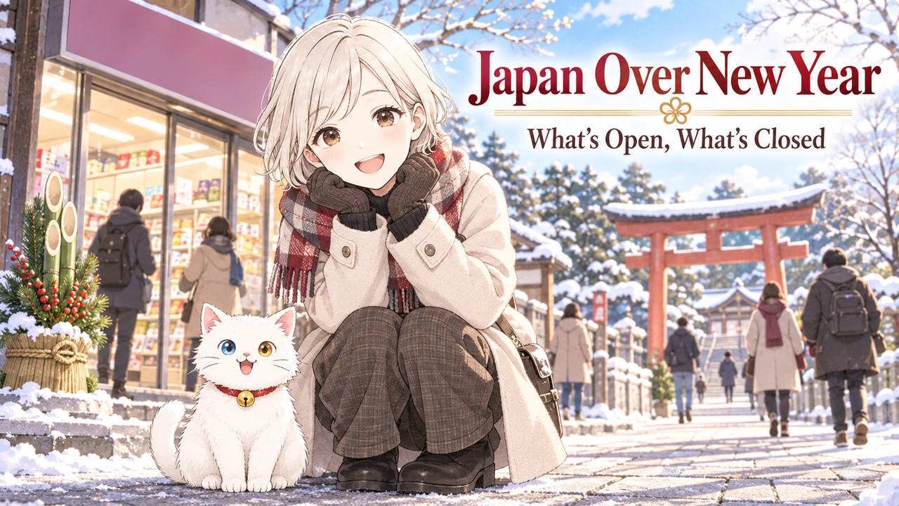 Winter street scene in Japan over New Year with an open convenience store, a shrine gate, and the A Little Japan characters in coats