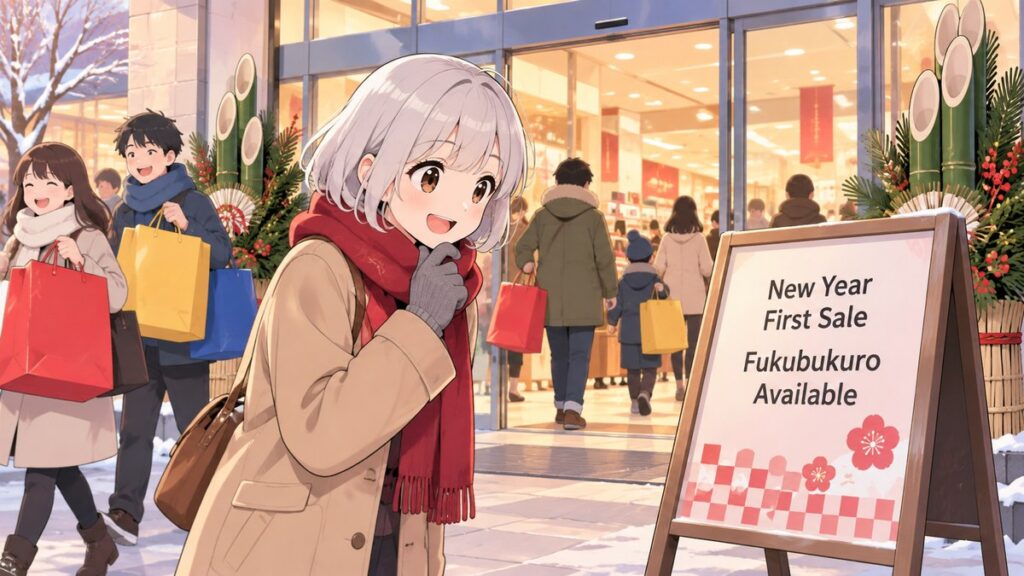 Shoppers carrying fukubukuro lucky bags at the Japanese New Year sales, with a traveller checking the opening time at the entrance